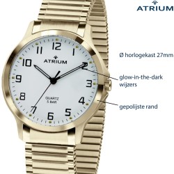 ATRIUM Watch - Women - Stainless Steel - Gold Coloured - Flexible Stretch Band (19.5cm) - 5 Bar - White Dial