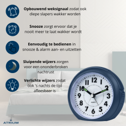 ATRIUM Wekker - Analoog - Donkerblauw - Zonder tikgeluid