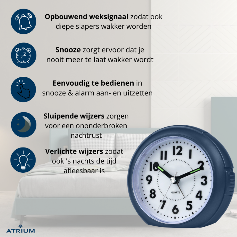 ATRIUM Wekker - Analoog - Donkerblauw - Zonder tikgeluid - A240-35