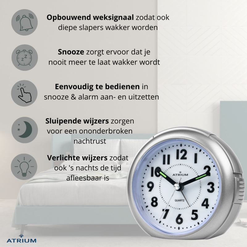 ATRIUM Wekker - Analoog - Zilver - Zonder tikgeluid - Snooze - Quartz