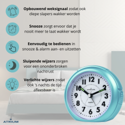 ATRIUM Wekker - Analoog - Lichtblauw - Zonder tikgeluid - A240-15