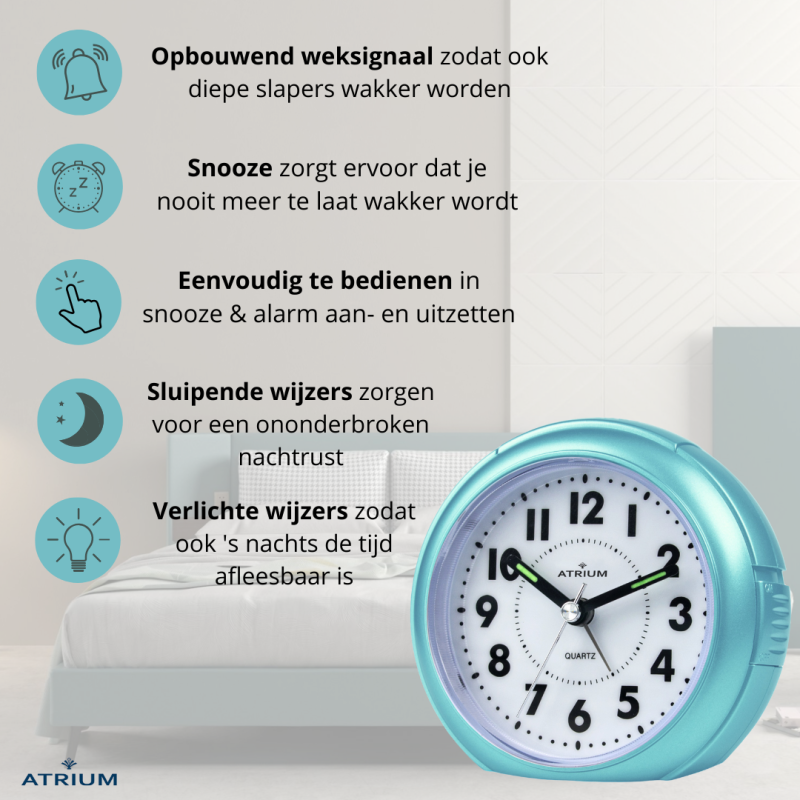 ATRIUM Wekker - Analoog - Lichtblauw - Zonder tikgeluid