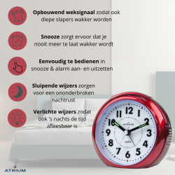 ATRIUM Wekker - Analoog - Rood - Zonder tikgeluid