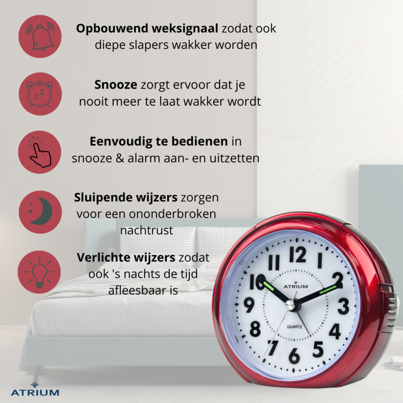 ATRIUM Wekker - Analoog - Rood - Zonder tikgeluid - Snooze - Quartz