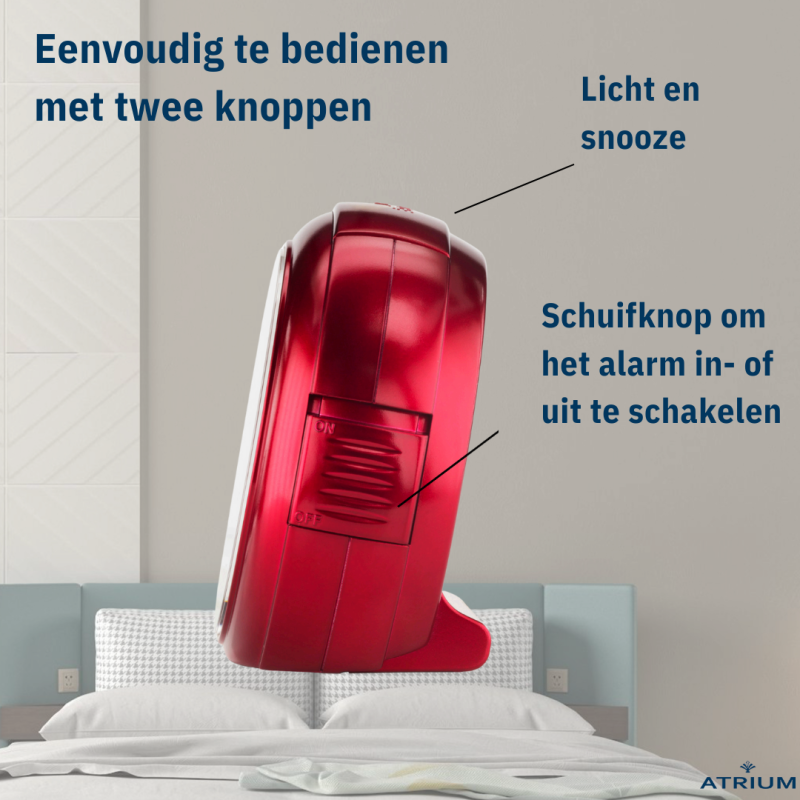 ATRIUM Wekker - Analoog - Rood - Zonder tikgeluid - Snooze - Quartz