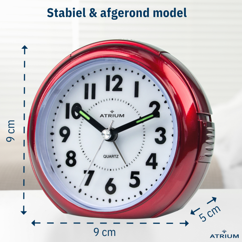ATRIUM Alarm Clock - Analogue - Red - Without Ticking Sound - Snooze - Quartz