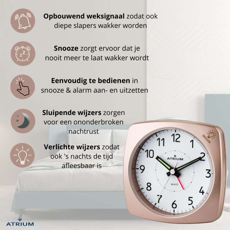 ATRIUM Alarm Clock - Analogue - Bronze - Without Ticking Sound - Build-up Beep - Alarm - Snooze - A251-17