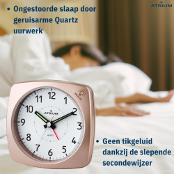 ATRIUM Wekker - Analoog - Brons - Zonder Tikgeluid - Opbouwende Pieptoon - Alarm - Snooze - A251-17
