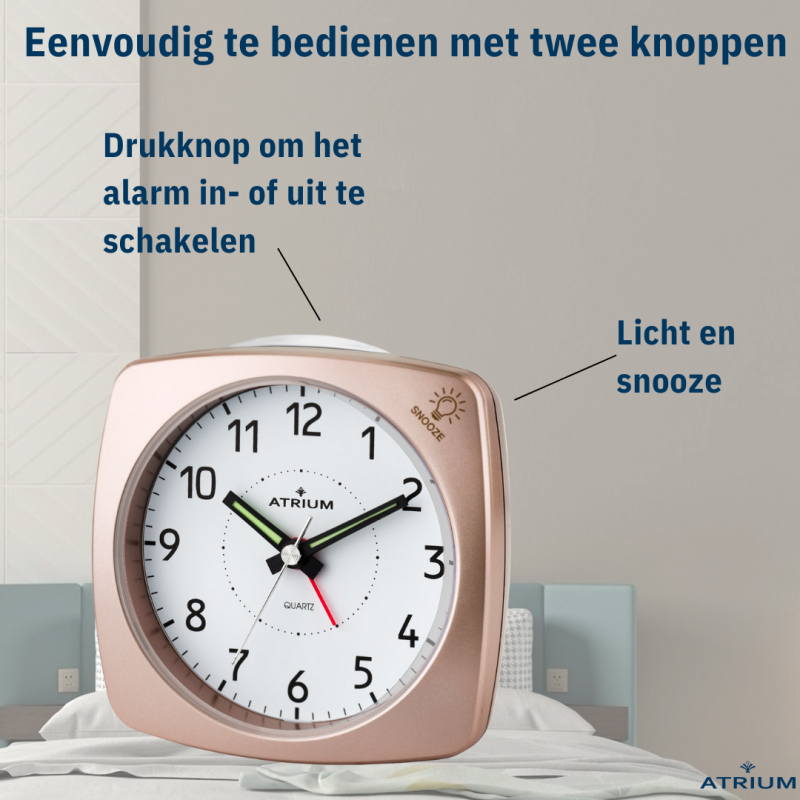 ATRIUM Wekker - Analoog - Brons - Zonder Tikgeluid - Opbouwende Pieptoon - Alarm - Snooze - A251-17