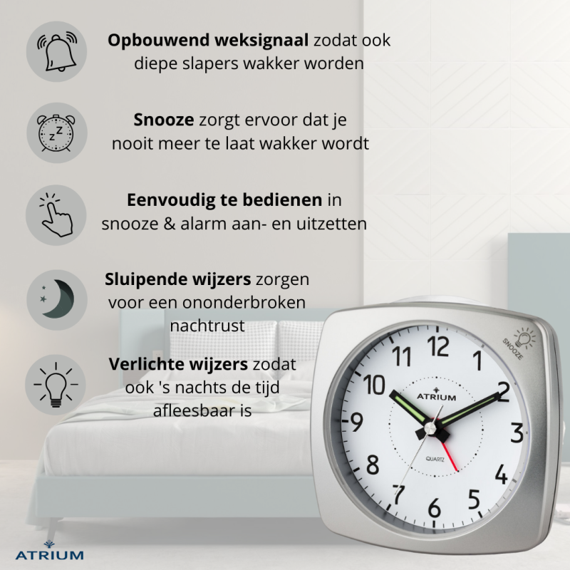 ATRIUM Alarm Clock - Analogue - Silver - Without Ticking Sound - Build-up Beep - Alarm - Snooze - A251-19