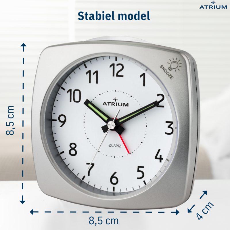 ATRIUM Alarm Clock - Analogue - Silver - Without Ticking Sound - Build-up Beep - Alarm - Snooze - A251-19