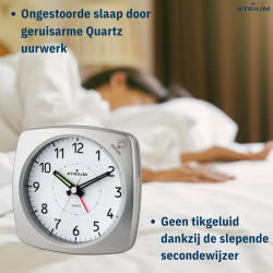 ATRIUM Alarm Clock - Analogue - Silver - Without Ticking Sound - Build-up Beep - Alarm - Snooze - A251-19