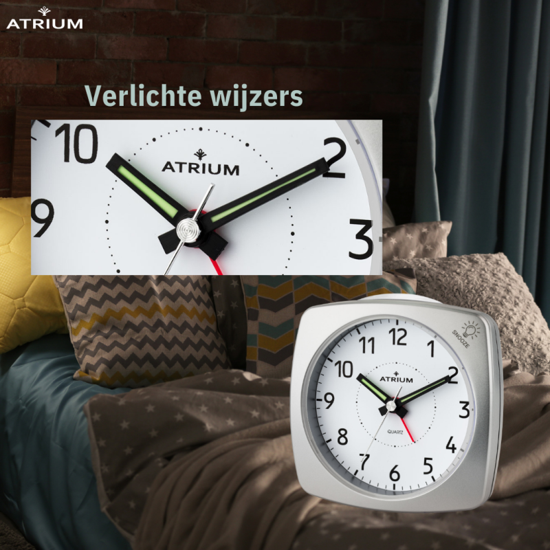 ATRIUM Alarm Clock - Analogue - Silver - Without Ticking Sound - Build-up Beep - Alarm - Snooze - A251-19