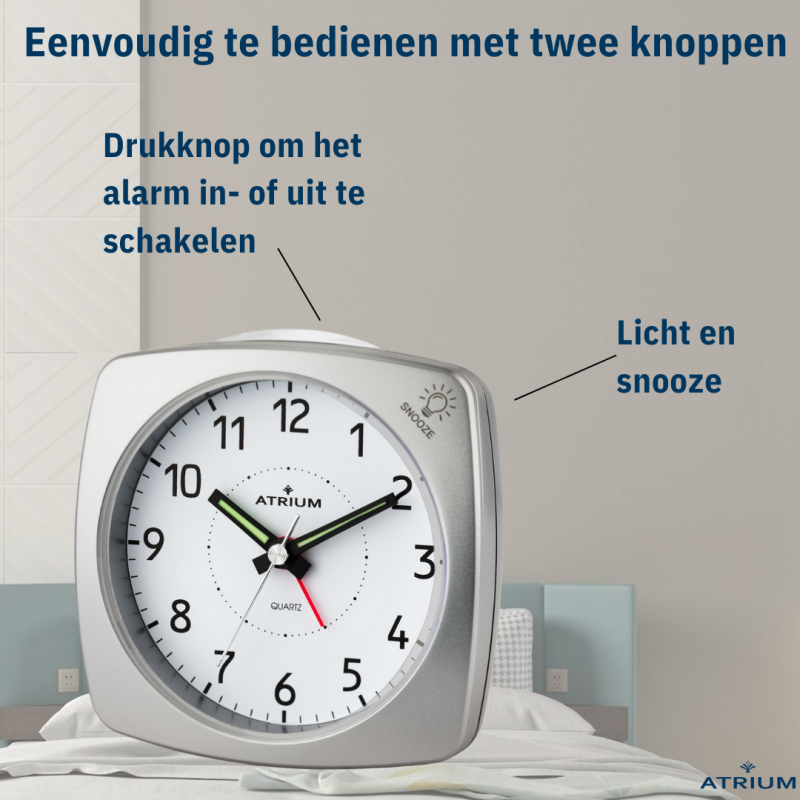 ATRIUM Wekker - Analoog - Zilver - Zonder Tikgeluid - Opbouwende Pieptoon - Alarm - Snooze - A251-19