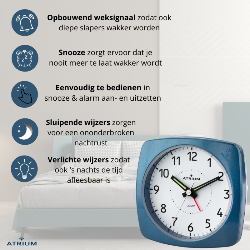 ATRIUM Wekker - Analoog - Blauw - Zonder Tikgeluid - Opbouwende Pieptoon - Alarm - Snooze - A251-5