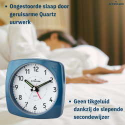 ATRIUM Alarm Clock - Analogue - Blue - Without Ticking Sound - Build-up Beep - Alarm - Snooze - A251-5