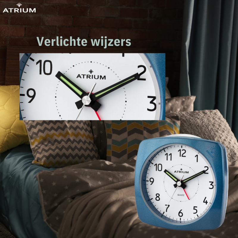 ATRIUM Wekker - Analoog - Blauw - Zonder Tikgeluid - Opbouwende Pieptoon - Alarm - Snooze