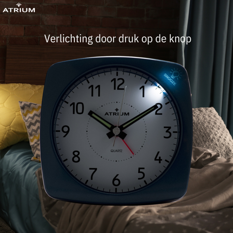 ATRIUM Wekker - Analoog - Blauw - Zonder Tikgeluid - Opbouwende Pieptoon - Alarm - Snooze