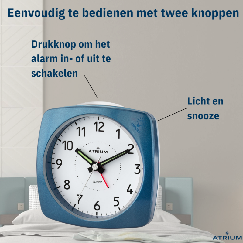 ATRIUM Alarm Clock - Analogue - Blue - Without Ticking Sound - Build-up Beep - Alarm - Snooze