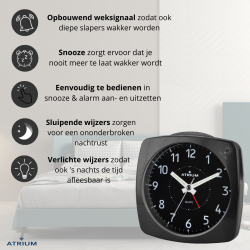 ATRIUM Alarm Clock - Analogue - Black - Without Ticking Sound - Build-up Beep - Alarm - Snooze