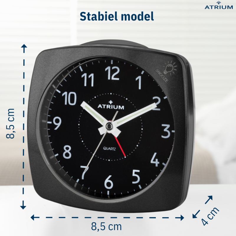 ATRIUM Wekker - Analoog - Zwart - Zonder Tikgeluid - Opbouwende Pieptoon - Alarm - Snooze