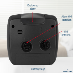 ATRIUM Wekker - Analoog - Zwart - Zonder Tikgeluid - Opbouwende Pieptoon - Alarm - Snooze