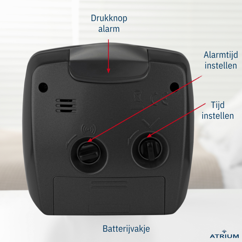 ATRIUM Wekker - Analoog - Zwart - Zonder Tikgeluid - Opbouwende Pieptoon - Alarm - Snooze