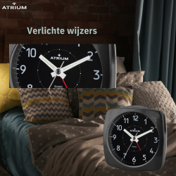 ATRIUM Alarm Clock - Analogue - Black - Without Ticking Sound - Build-up Beep - Alarm - Snooze