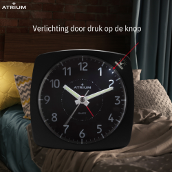 ATRIUM Wekker - Analoog - Zwart - Zonder Tikgeluid - Opbouwende Pieptoon - Alarm - Snooze