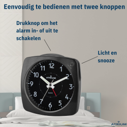 ATRIUM Alarm Clock - Analogue - Black - Without Ticking Sound - Build-up Beep - Alarm - Snooze
