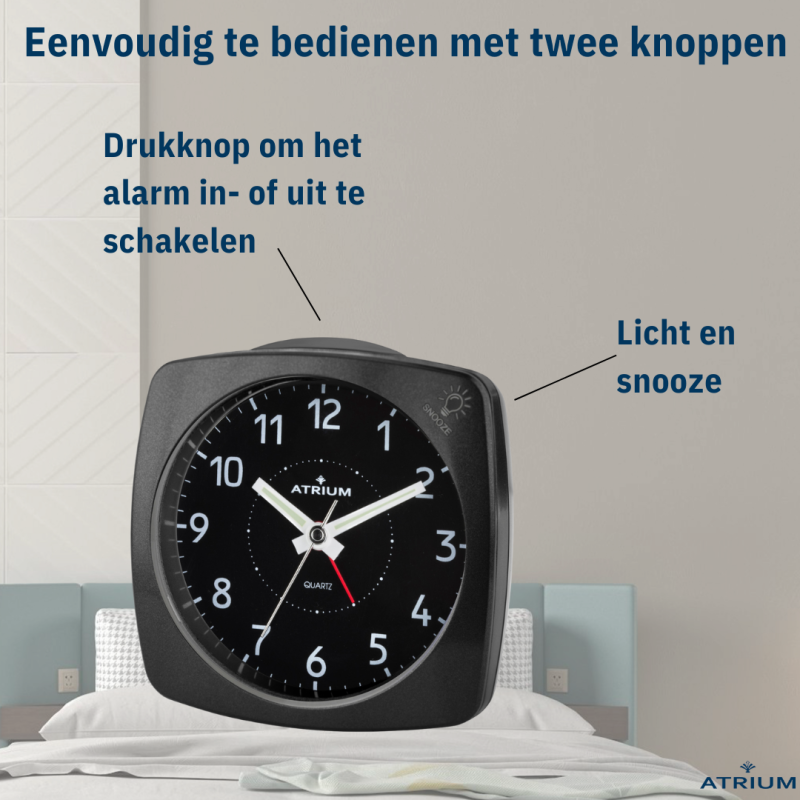 ATRIUM Alarm Clock - Analogue - Black - Without Ticking Sound - Build-up Beep - Alarm - Snooze
