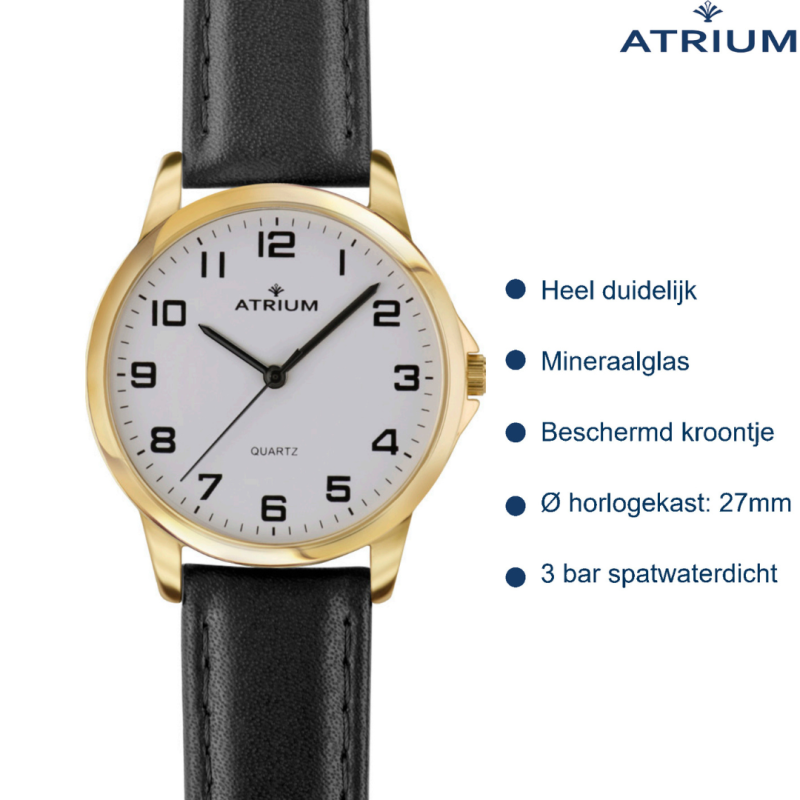 ATRIUM Horloge - Dames - Analoog - Goudkleurig - Leer Zwart - Duidelijk - 27 mm - A37-20