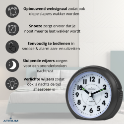 ATRIUM Wekker - Analoog - Zwart - Zonder tikgeluid - A240-7