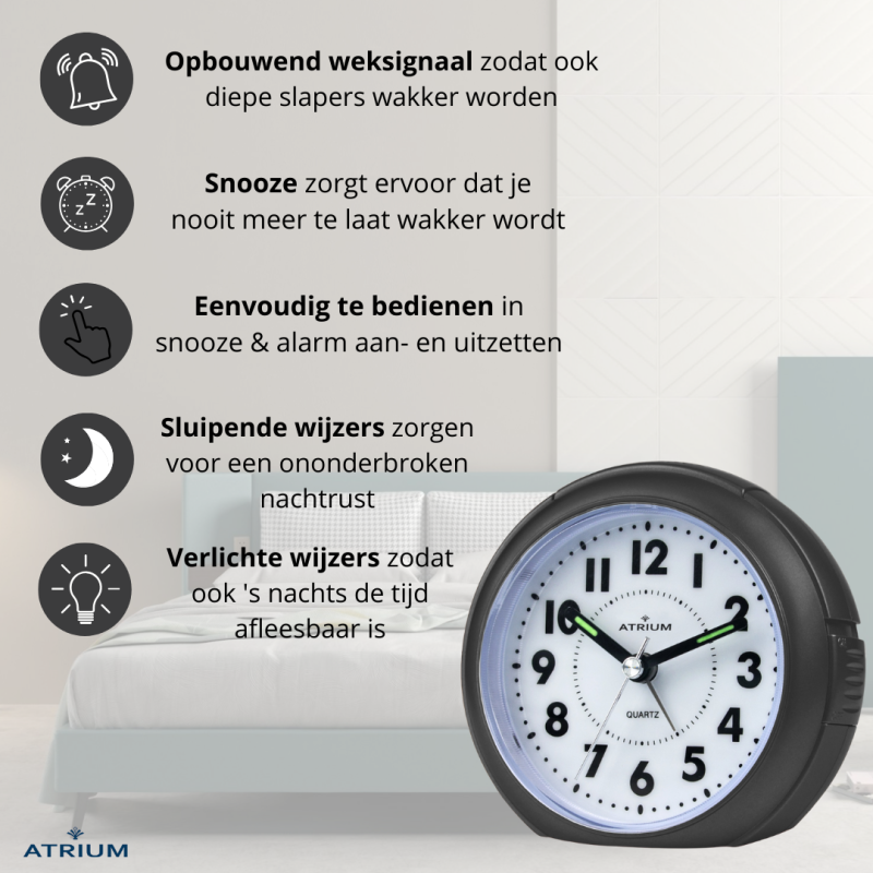 ATRIUM Wekker - Analoog - Zwart - Zonder tikgeluid - A240-7