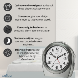 ATRIUM Wekker - Senioren - Analoog - Autolight - Antraciet - Duidelijk - Eenvoudig - Zonder tikgeluid - A451-4