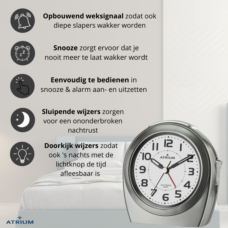 ATRIUM Wekker - Senioren - Analoog - Autolight - Antraciet - Duidelijk - Eenvoudig - Zonder tikgeluid