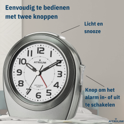 ATRIUM Alarm Clock - Seniors - Analogue - Auto Night Light - Anthracite - Clear - Easy to Use - Without Ticking