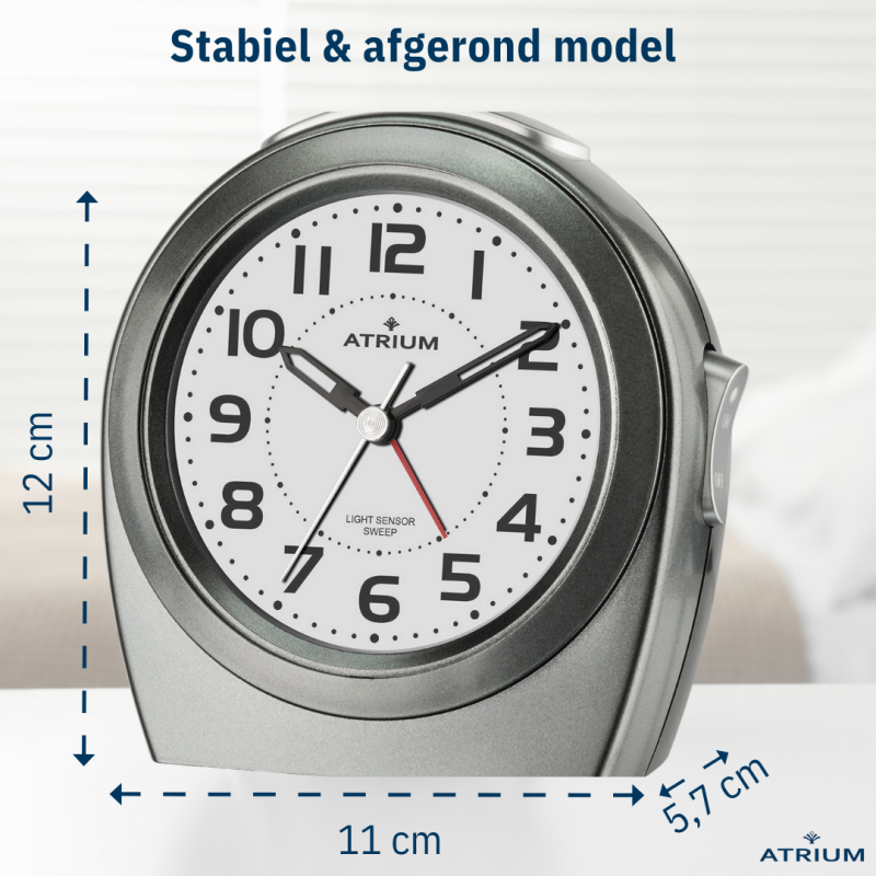 ATRIUM Alarm Clock - Seniors - Analogue - Auto Night Light - Anthracite - Clear - Easy to Use - Without Ticking