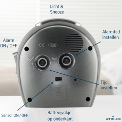 ATRIUM Alarm Clock - Seniors - Analogue - Auto Night Light - Anthracite - Clear - Easy to Use - Without Ticking