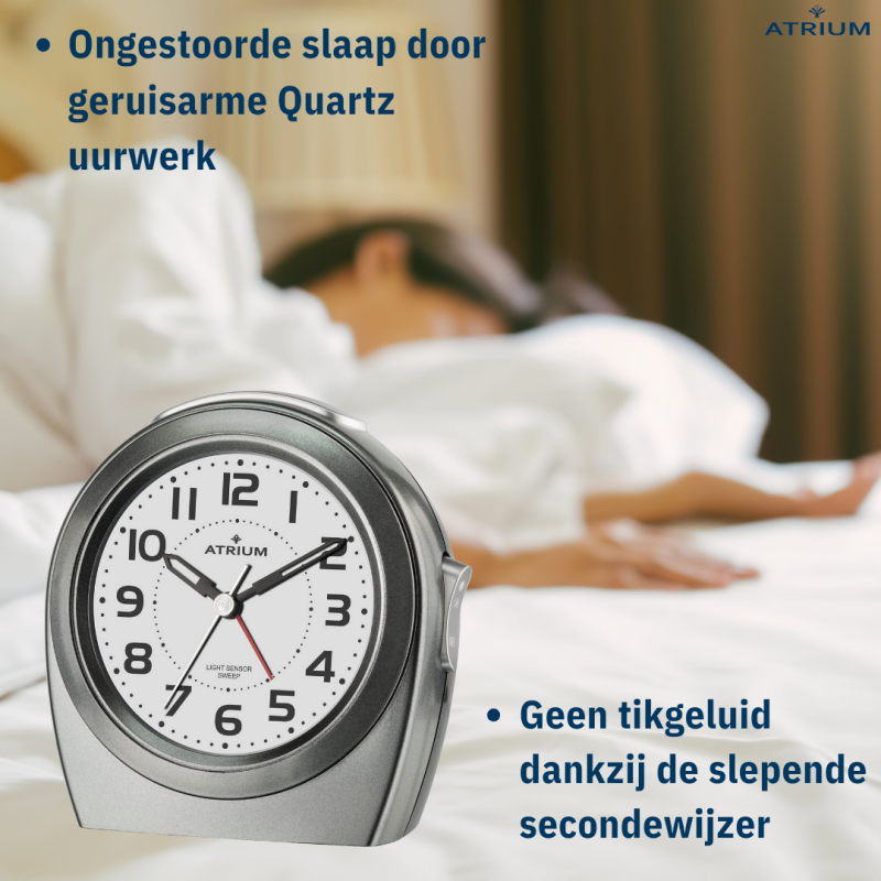ATRIUM Wekker - Senioren - Analoog - Autolight - Antraciet - Duidelijk - Eenvoudig - Zonder tikgeluid