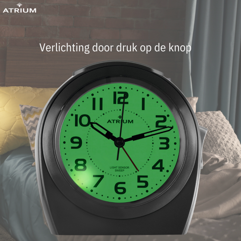 ATRIUM Wekker - Senioren - Analoog - Autolight - Antraciet - Duidelijk - Eenvoudig - Zonder tikgeluid