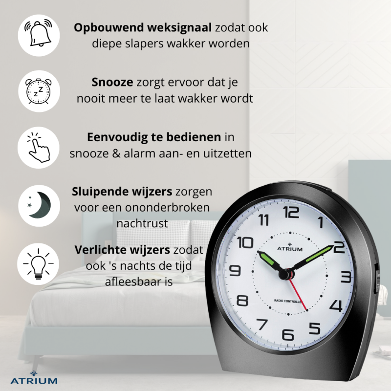 ATRIUM wekker - Radiogestuurd - Analoog - Zwart - A620-7