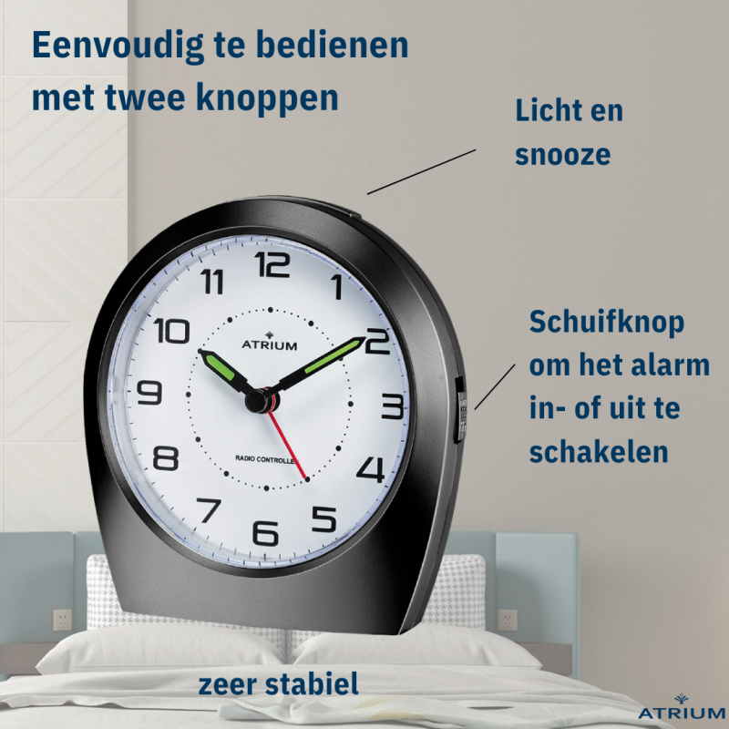 ATRIUM wekker - Radiogestuurd - Analoog - Zwart - Opbouwende Pieptoon - Snooze - Eenvoudig