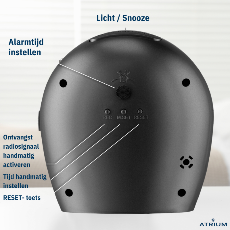ATRIUM wekker - Radiogestuurd - Analoog - Zwart - Opbouwende Pieptoon - Snooze - Eenvoudig