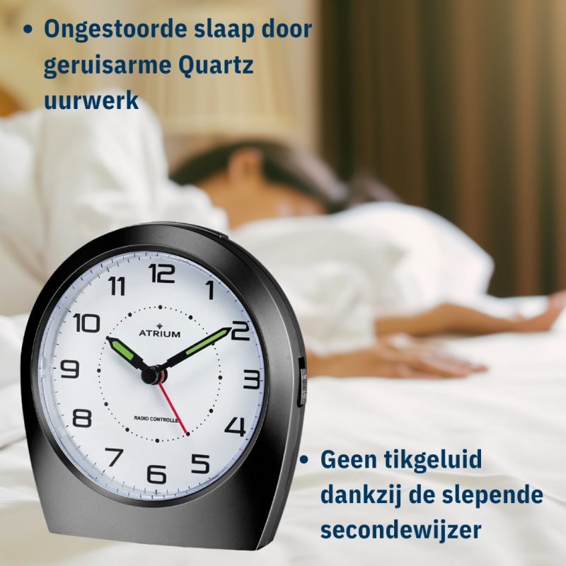 Atrium Alarm Clock - Radio-controlled - Analogue - Black - Buidl-up Beep - Snooze - Easy to use