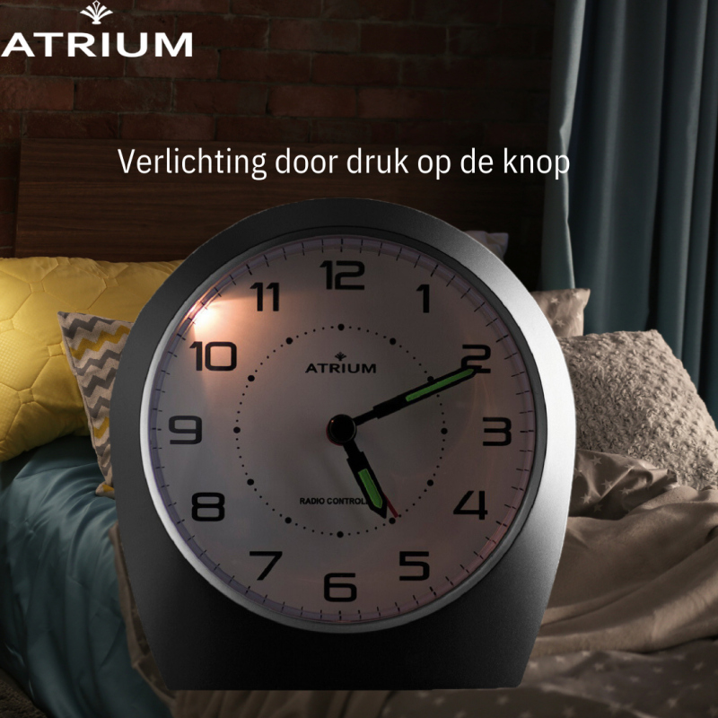 ATRIUM wekker - Radiogestuurd - Analoog - Zwart - Opbouwende Pieptoon - Snooze - Eenvoudig