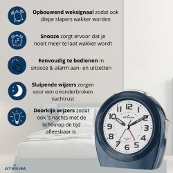 Atrium Alarm Clock - Seniors - Analogue - Auto Night Light - Dark Blue - Clear - Easy to use - No Ticking - A451-5