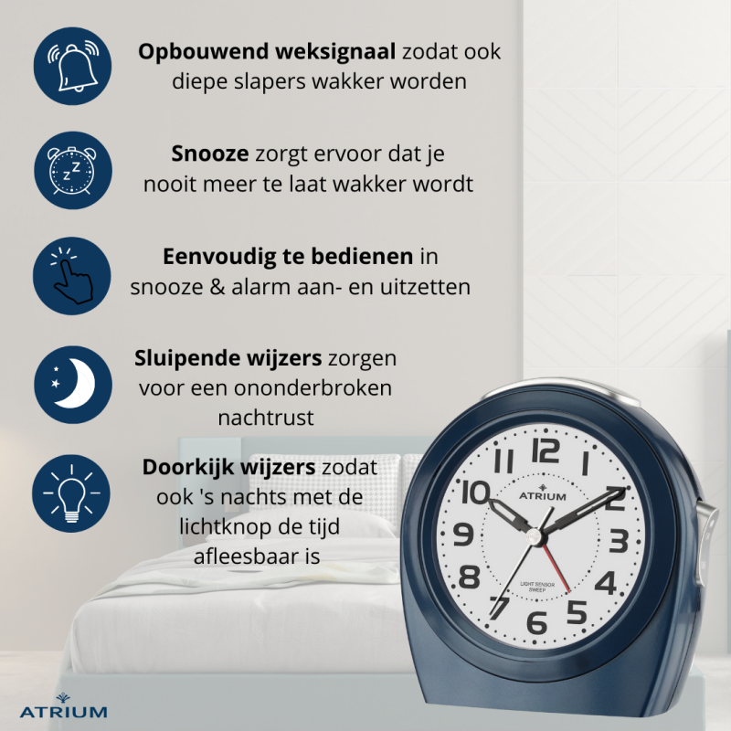 ATRIUM Wekker - Senioren - Analoog - Autolight - Donker Blauw - Duidelijk - Eenvoudig - Zonder tikgeluid -  A451-5
