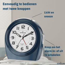 ATRIUM Wekker - Senioren - Analoog - Autolight - Donker Blauw - Duidelijk - Eenvoudig - Zonder tikgeluid -  A451-5