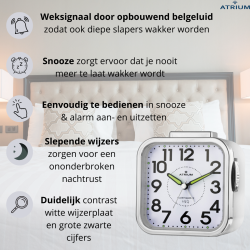 ATRIUM Wekker - Senioren - Analoog - Wit - Duidelijk - Eenvoudig in gebruik - A530-0